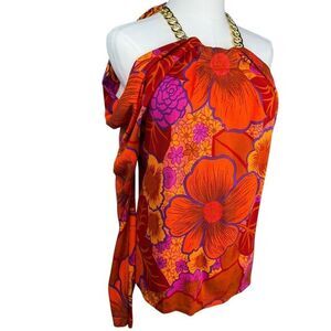 Tropical Chain Strap Blouse Womens Med Bright Floral Resortwear Island Vacation